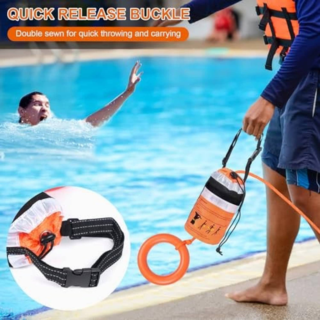 Orange water rescue throw bag with quick-release buckle and carrying webbing strap
