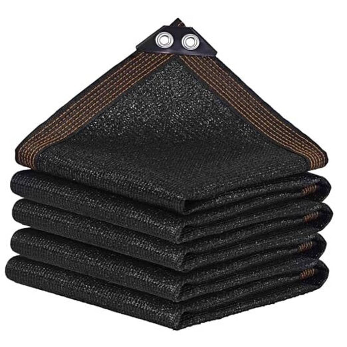 Black mesh shade cloth tarp folded in stack with corner grommet tabs