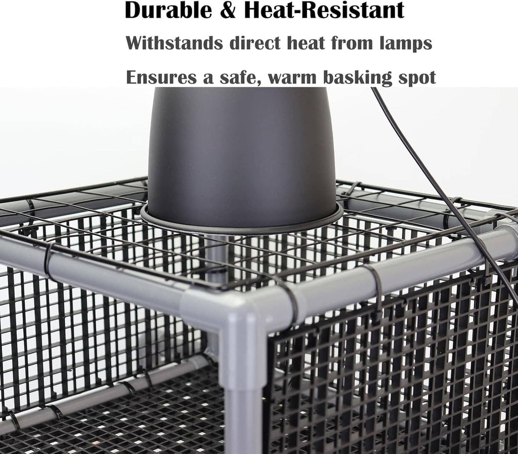 Close-up of gray metal basking platform frame with black heat-resistant mesh
