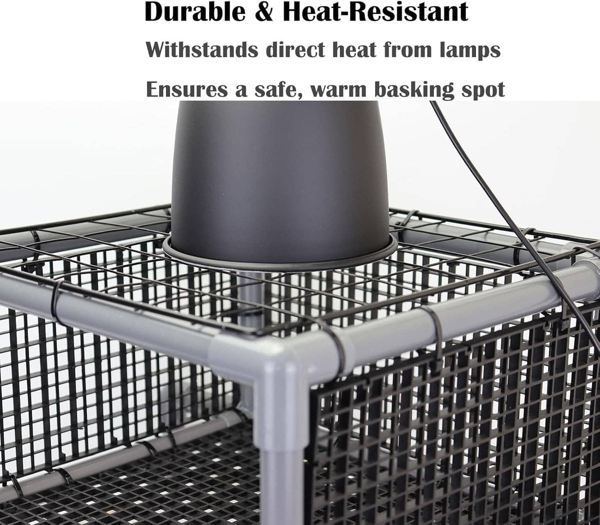 Close-up of gray metal basking platform frame with black heat-resistant mesh