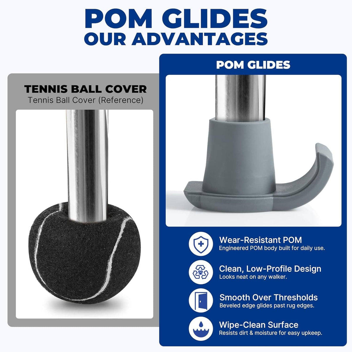 Gray POM replacement walker ski glides for folding walkers, curved underside