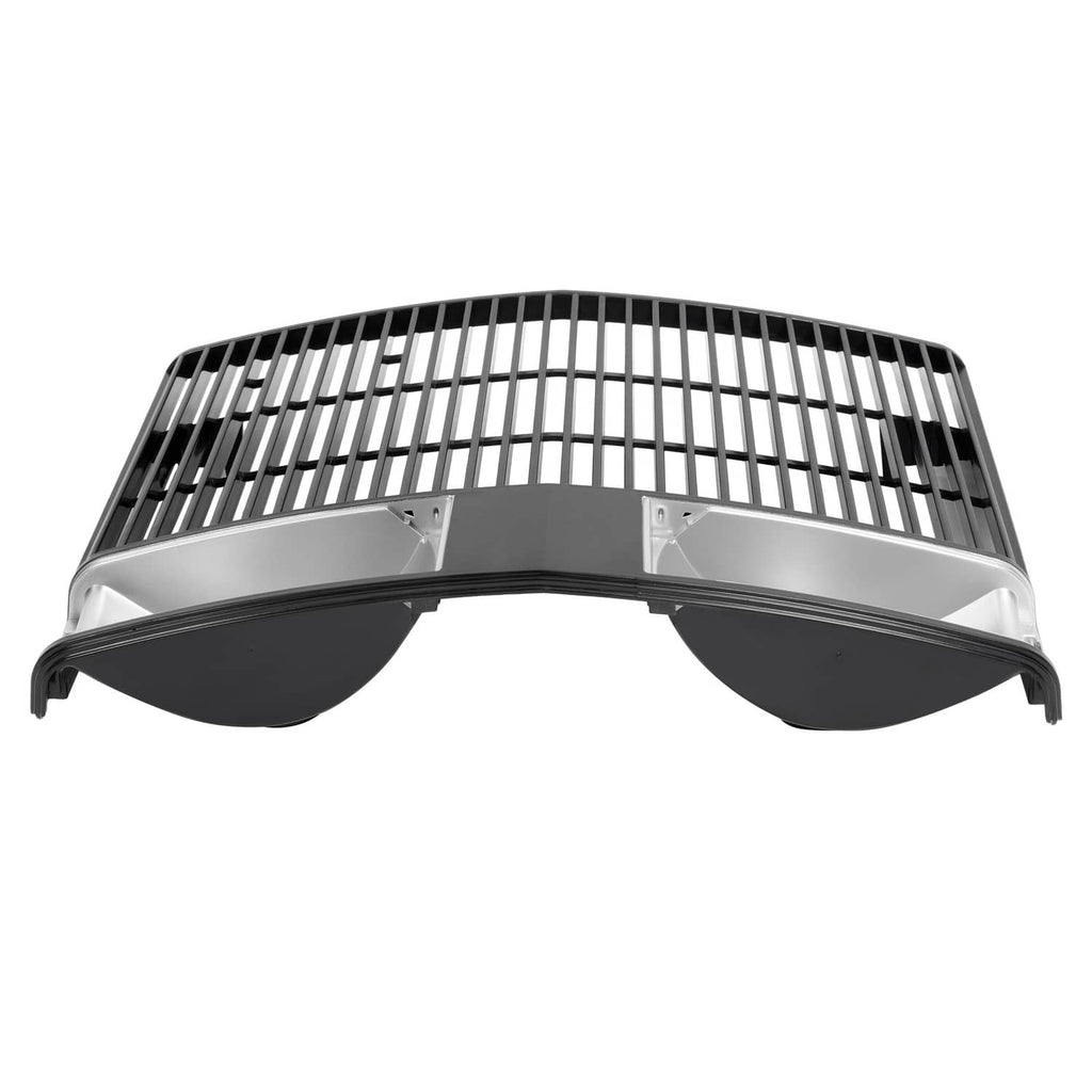 Curved tractor grille with black and silver mesh slats