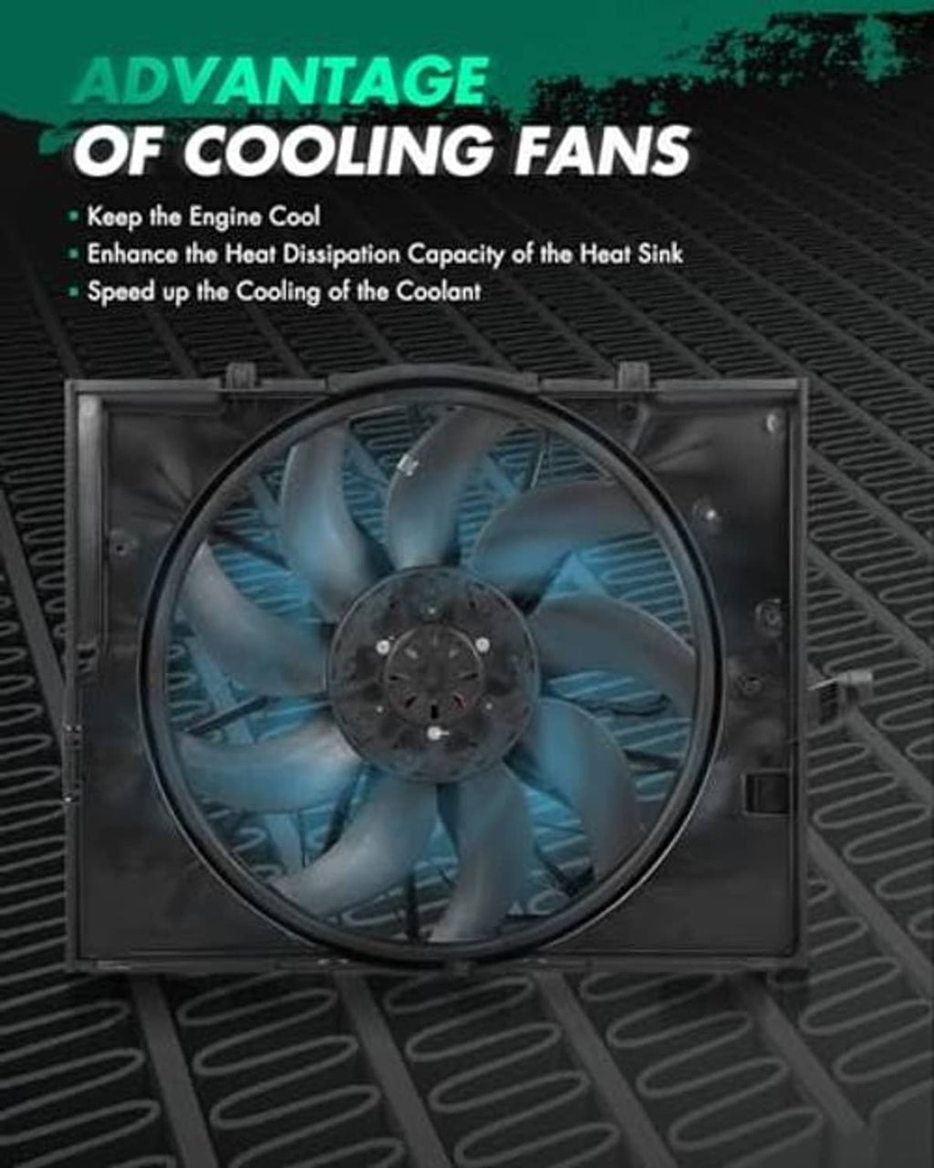 Electric radiator fan assembly with large black fan blades and rectangular shroud