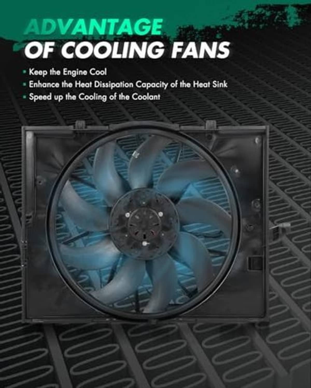 Electric radiator fan assembly with large black fan blades and rectangular shroud