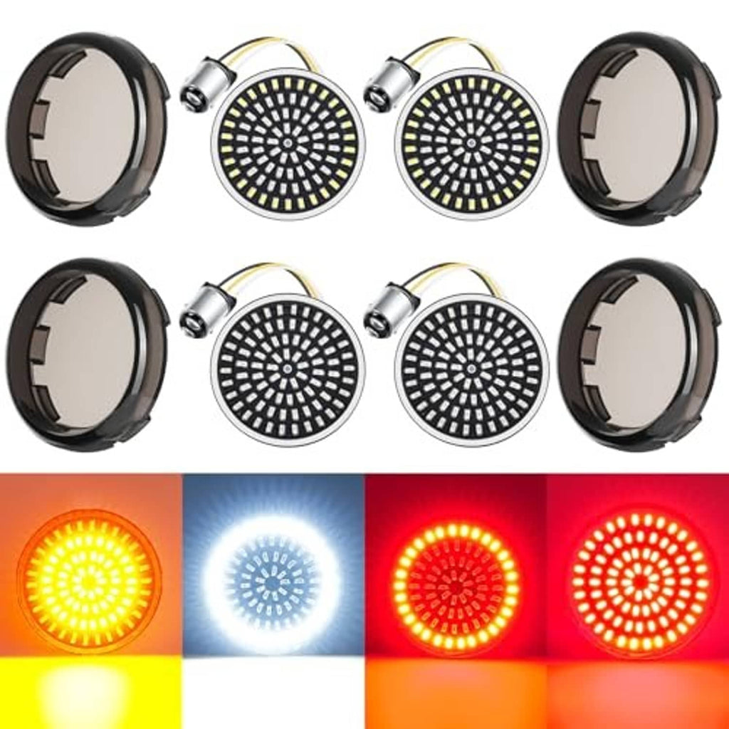 4 round smoked-lens LED turn signal lights with glowing amber, white, and red modes