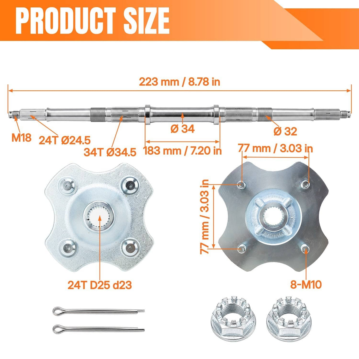 Axle shaft with two hub flanges and mounting nuts, hardware included