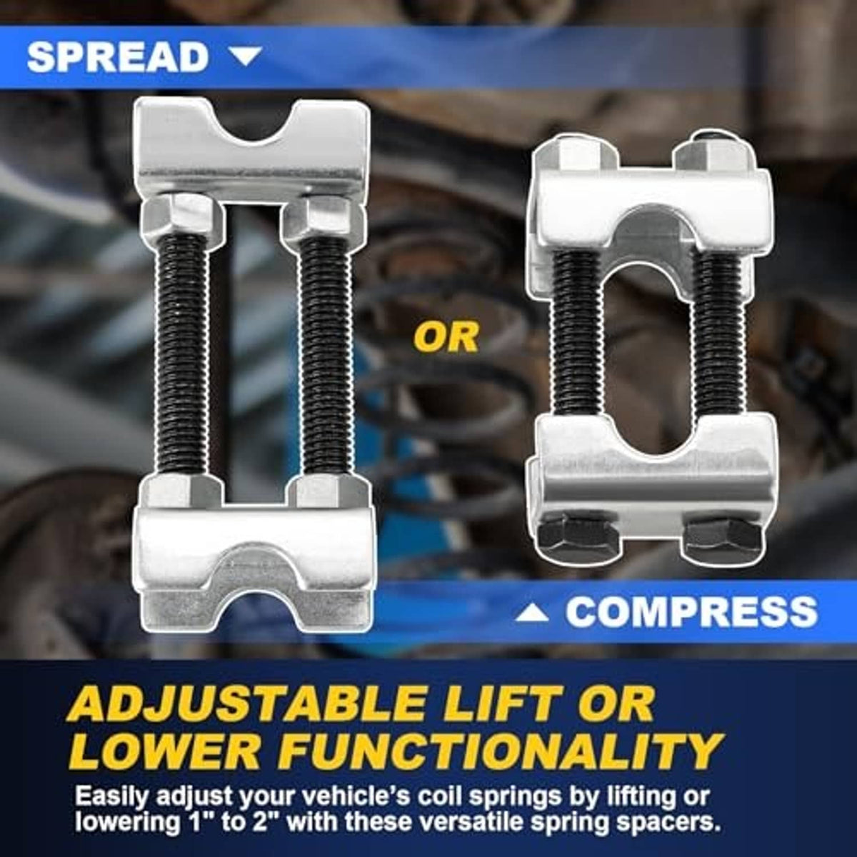 Adjustable coil spring spacers showing spread or compress positioning options