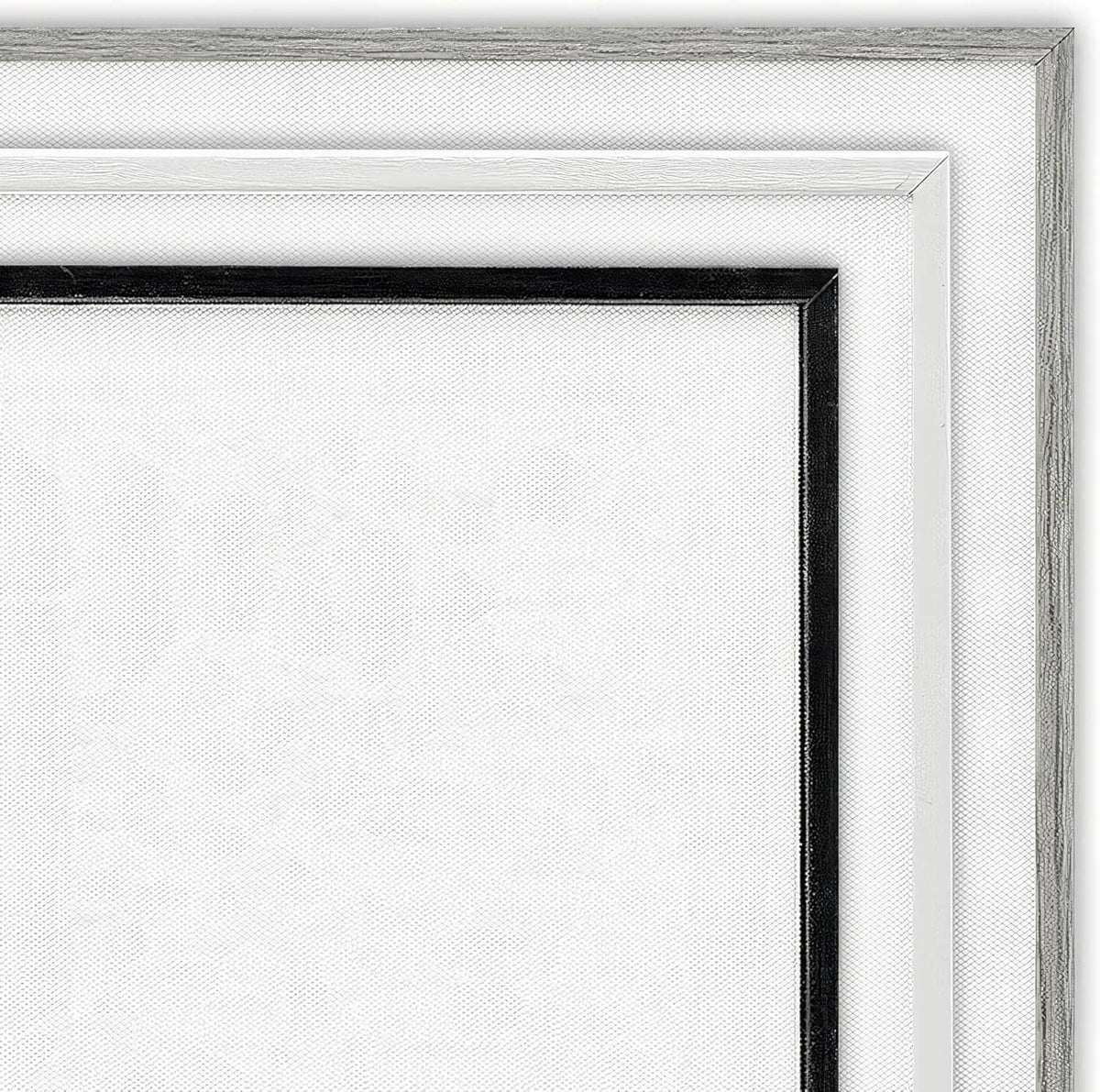 Textured silver frame edge close-up with inner mat opening for wall art.