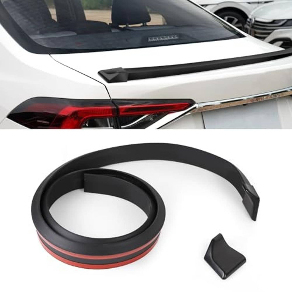 Matte black rubber roof lip spoiler trim strip and corner clips, shown on car rear
