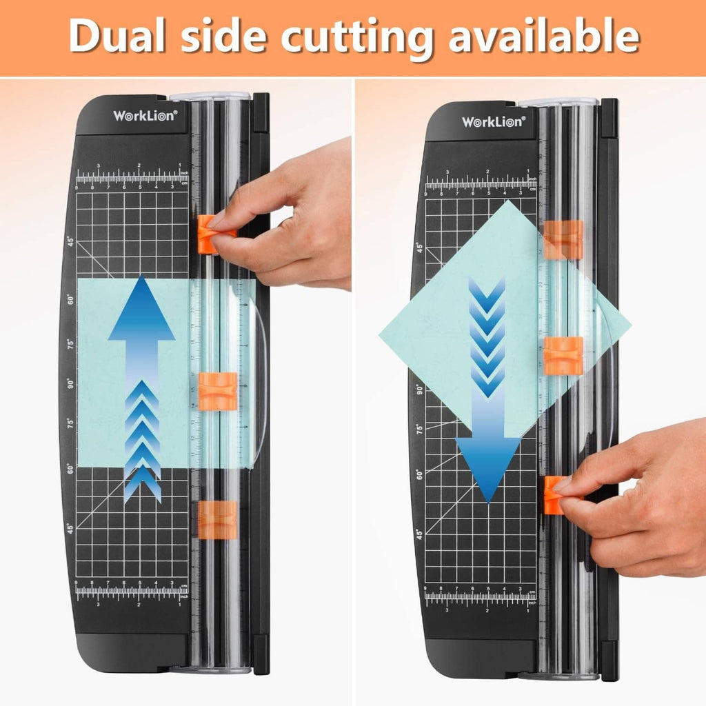 WorkLion paper trimmer demonstrating dual-side cutting with orange slider and guide