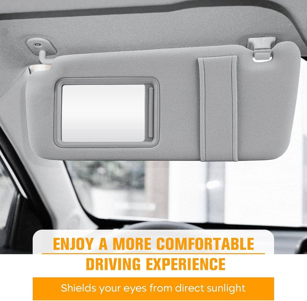 Gray sun visor replacement with built-in vanity mirror and center support strap