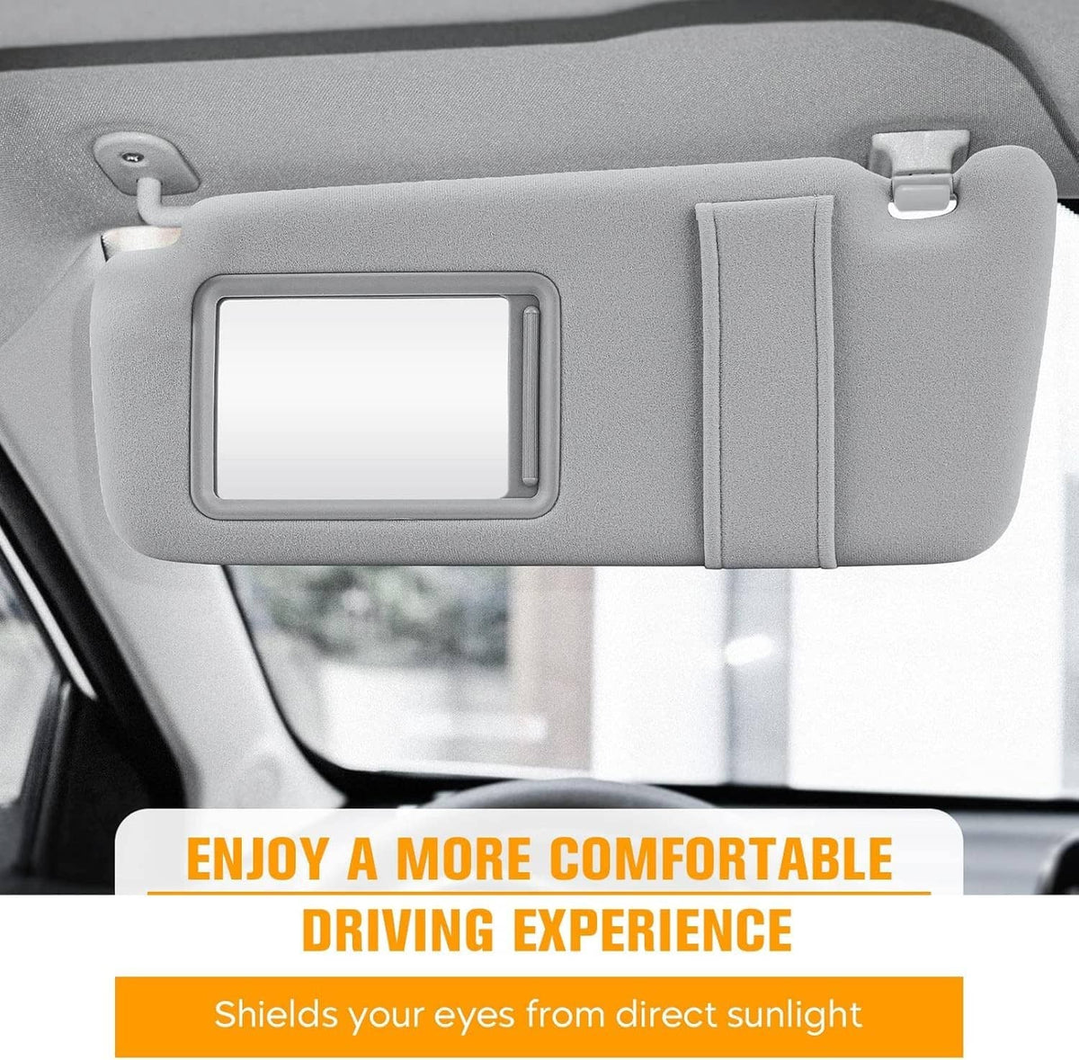 Gray sun visor replacement with built-in vanity mirror and center support strap