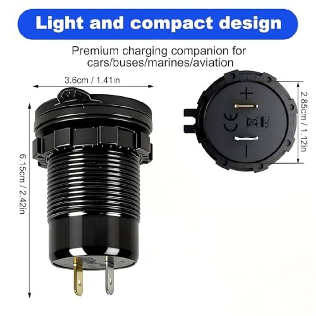 Compact black 12V car USB charger with blue LED display and dual-pin plug