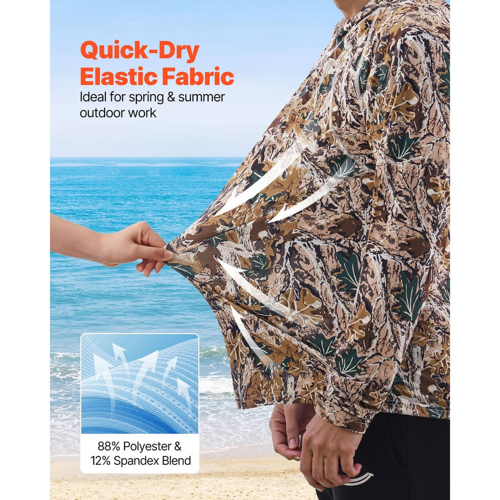 Camouflage pullover hoodie with attached hood and long sleeves, stretchy fabric detail