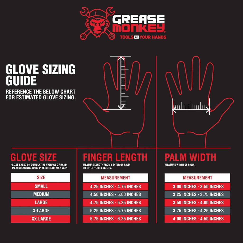 Glove sizing guide chart for nitrile-coated work gloves with finger and palm measurements