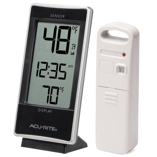 White digital thermometer display with ACURITE logo and matching remote sensor