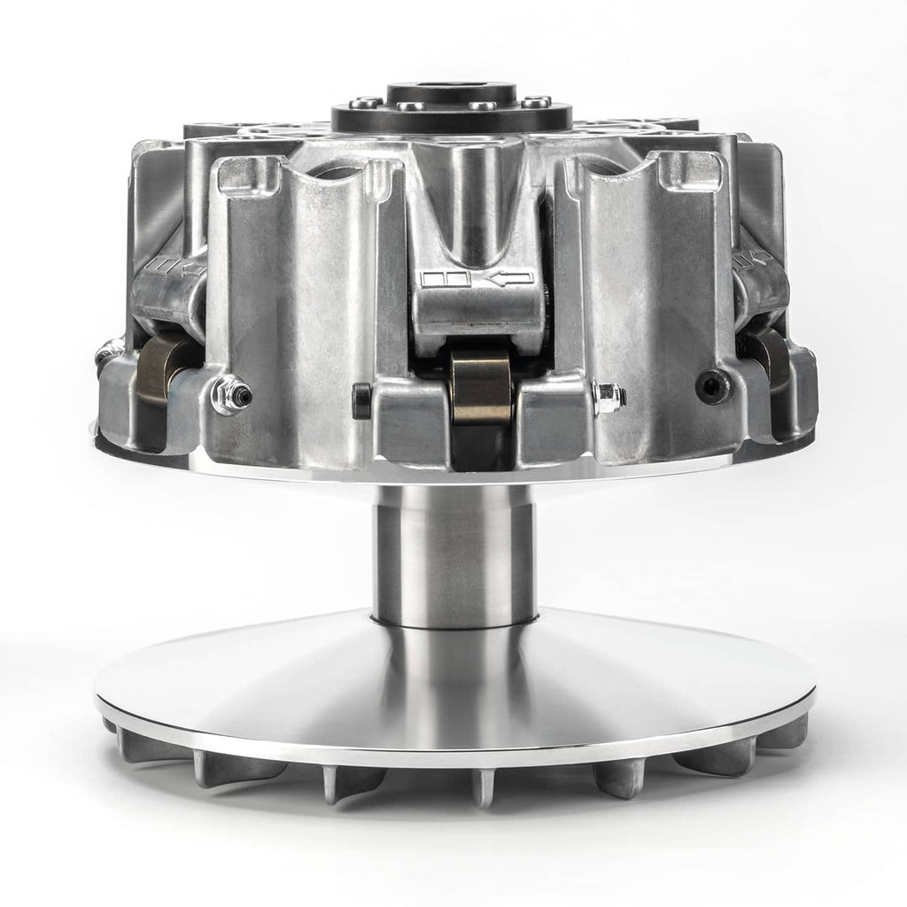 CVT clutch housing with central shaft and large silver pulley disc, silver finish