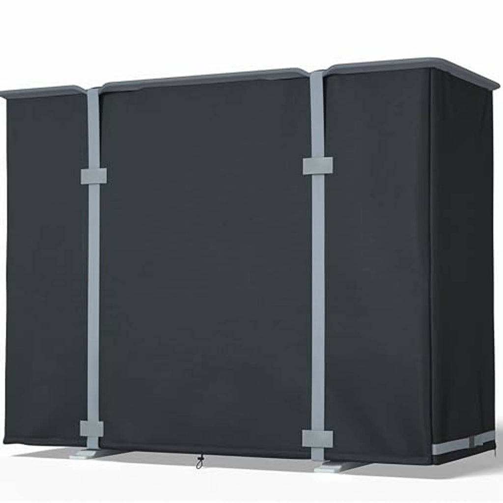 Outdoor mini split AC cover in dark fabric with side panel and corner straps.