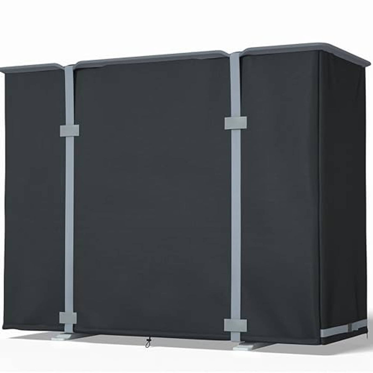 Outdoor mini split AC cover in dark fabric with side panel and corner straps.