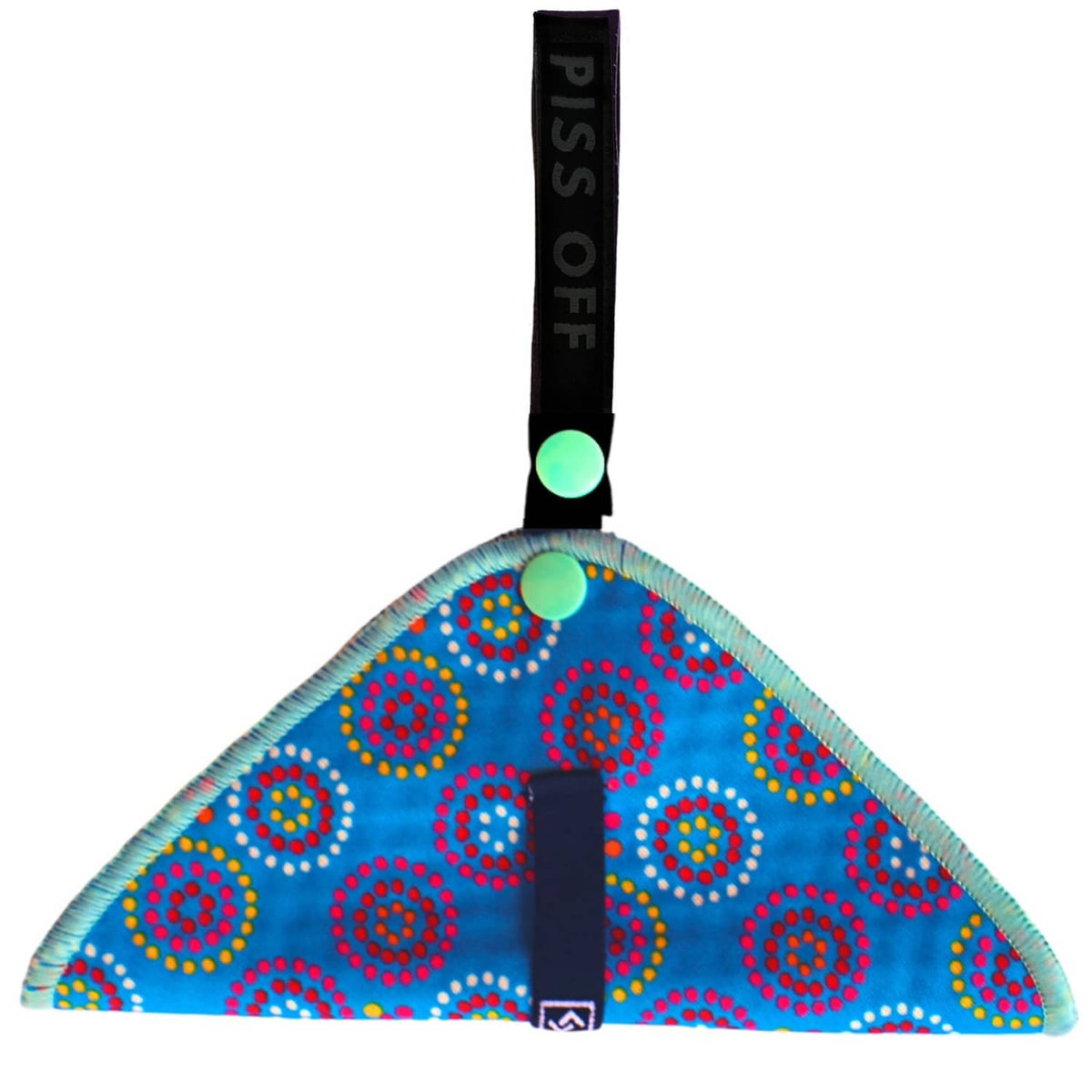 Blue patterned triangular pee cloth with black strap and green snap