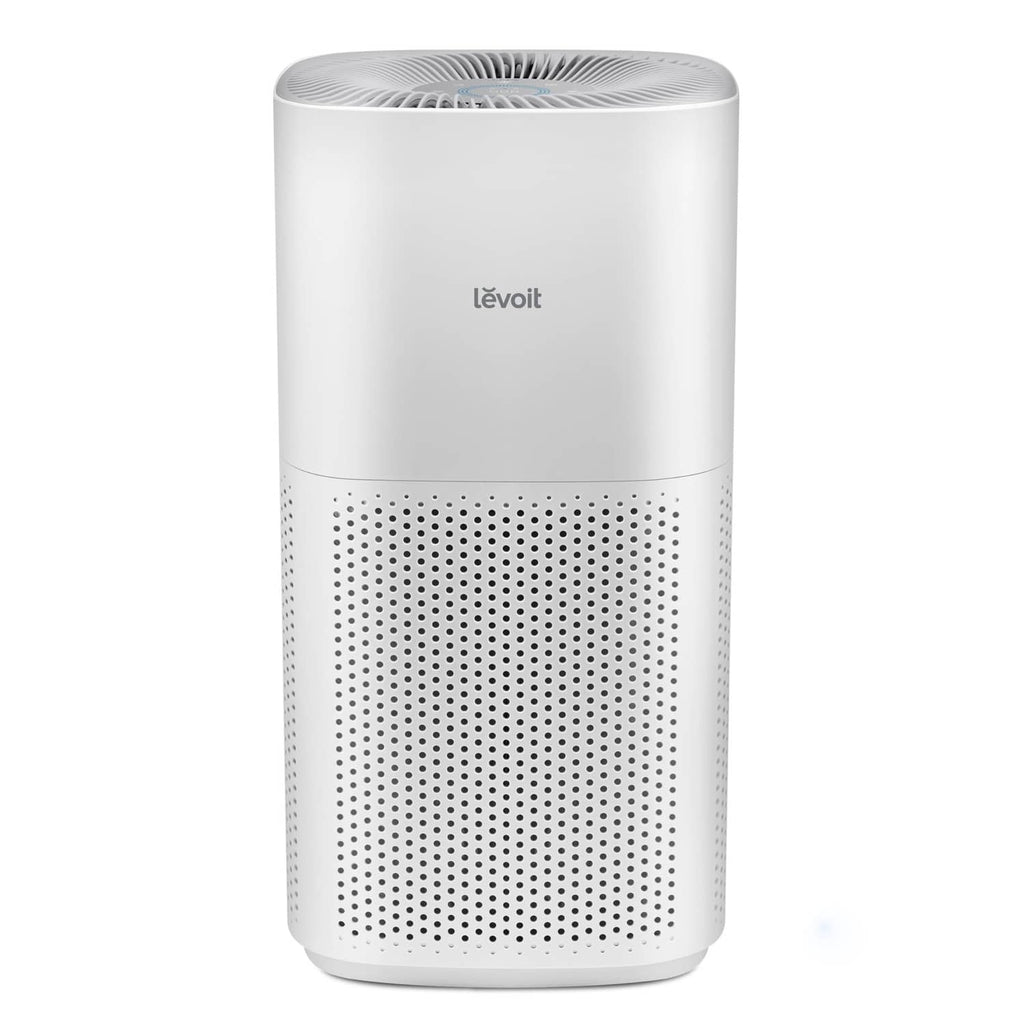 Levoit white air purifier with top air vents and front perforated intake panel