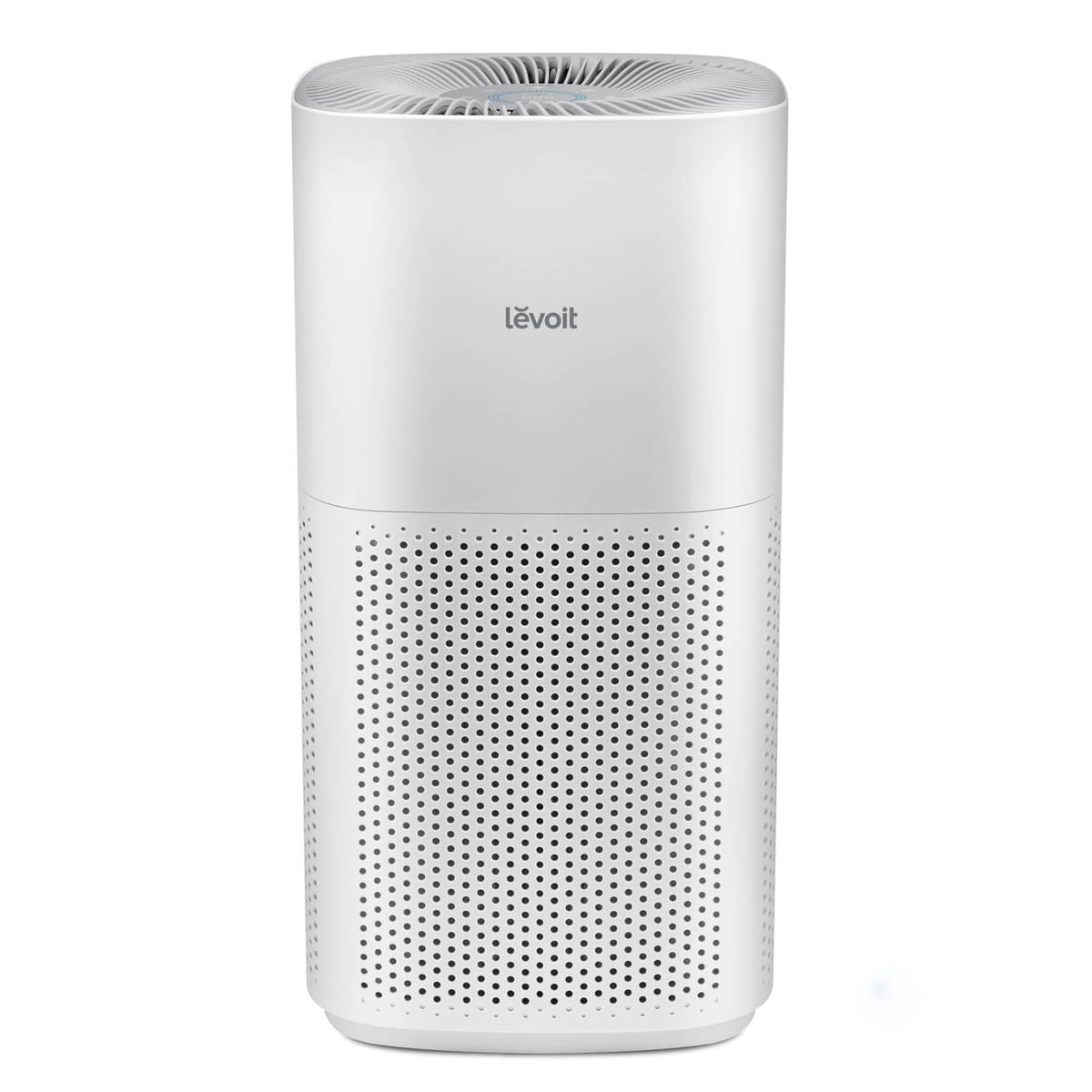 Levoit white air purifier with top air vents and front perforated intake panel