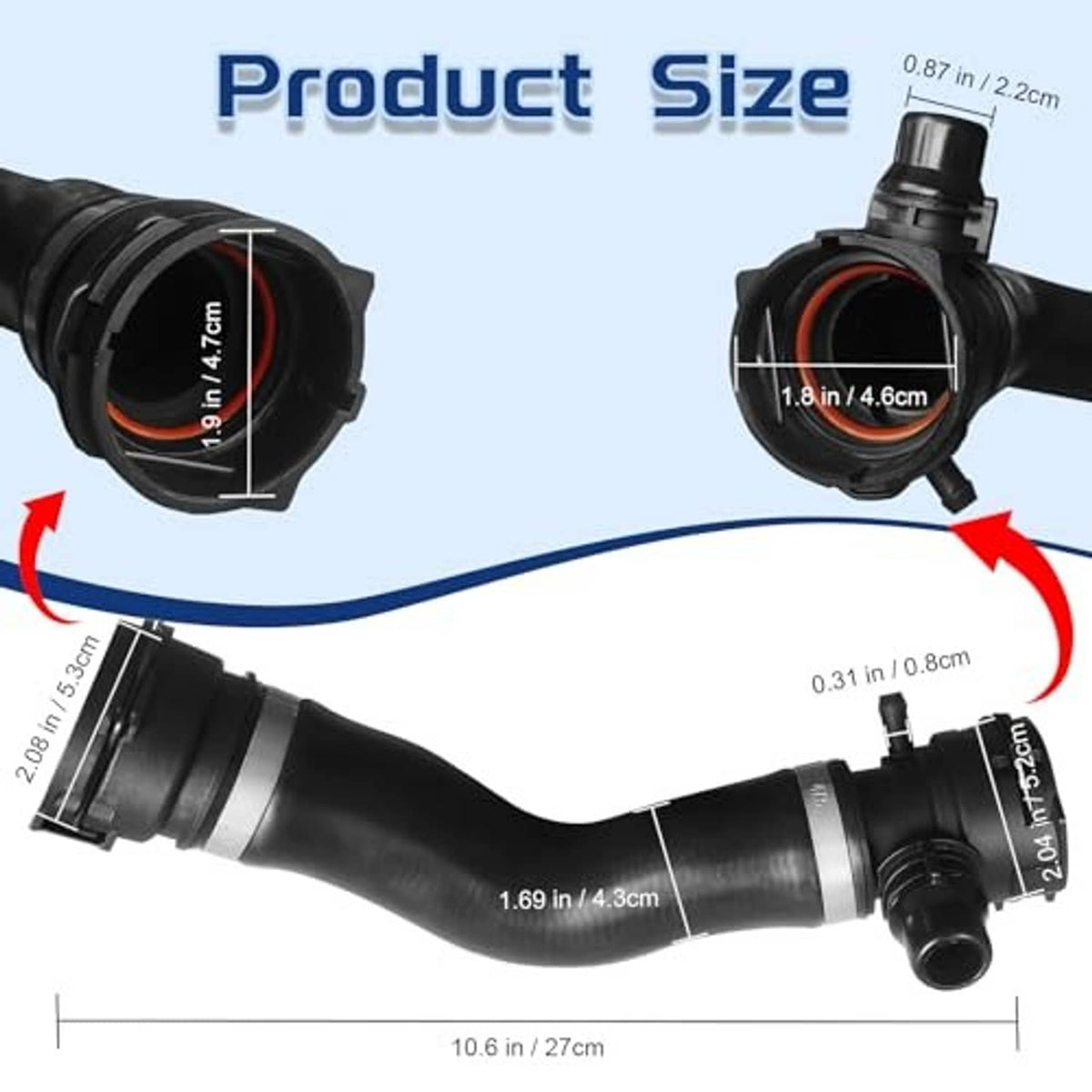 Black coolant hose with two end connectors and visible orange inner seal