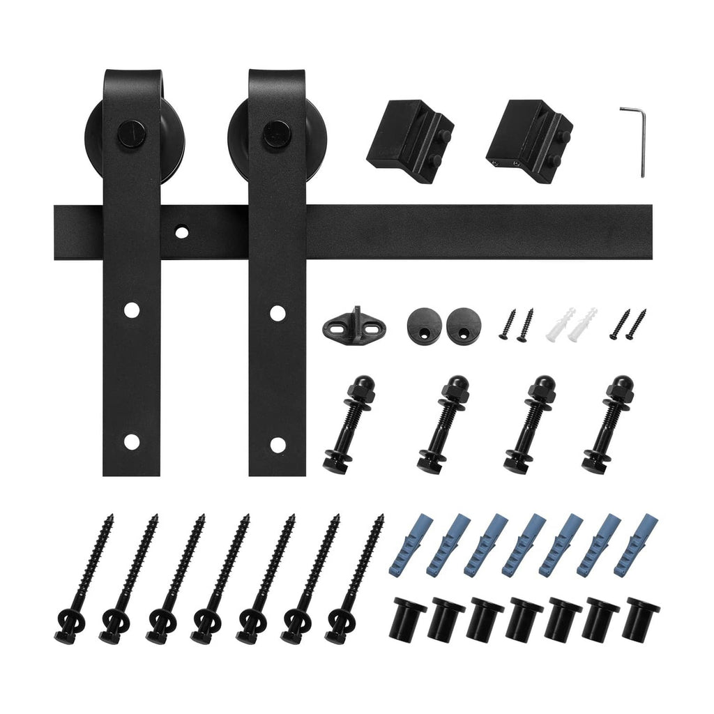 Black sliding barn door hardware kit with brackets, rollers, and mounting screws