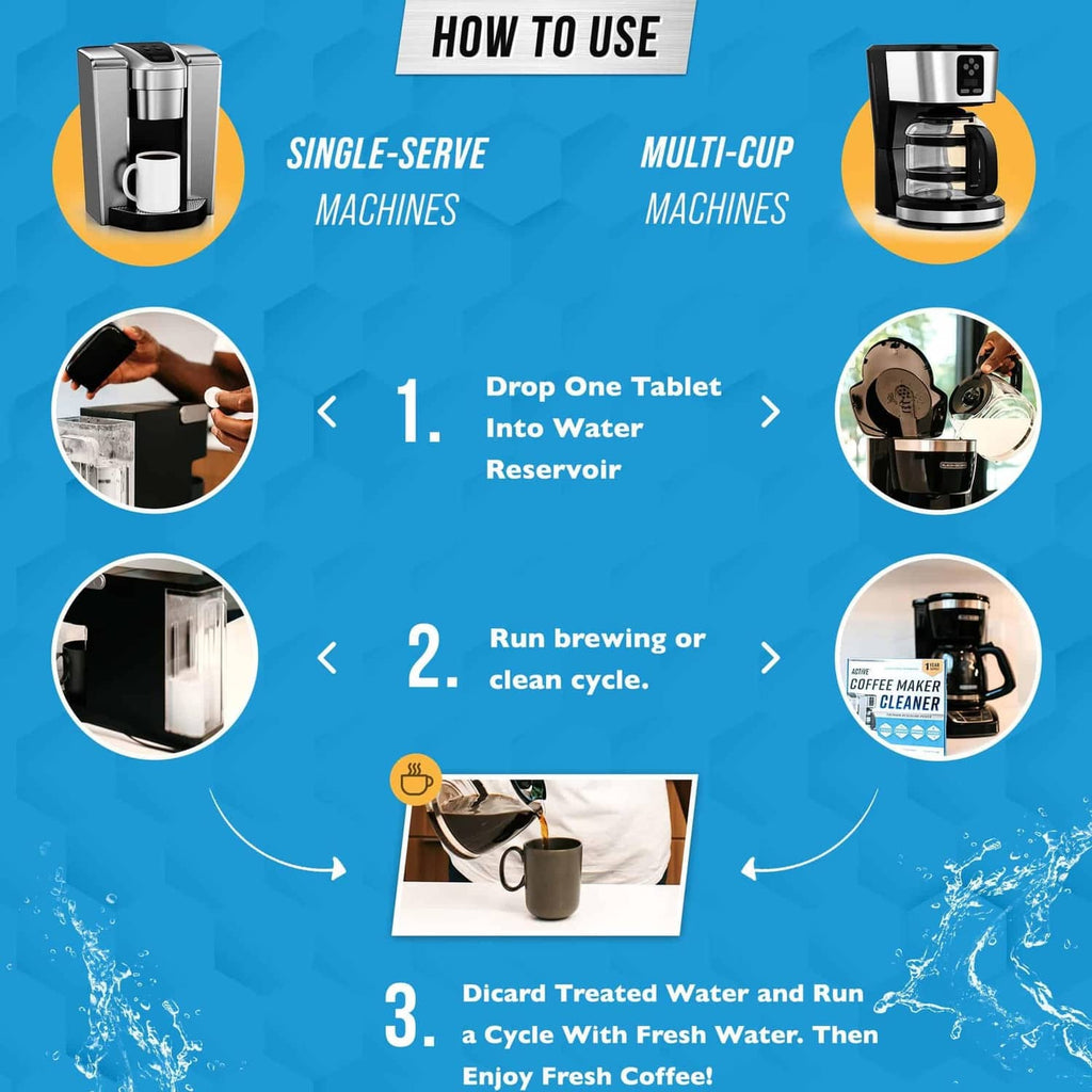 How-to use descaling tablets: drop tablet into reservoir, run clean cycle