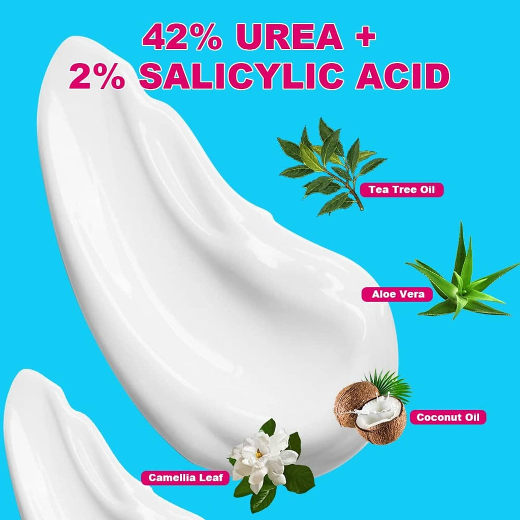Urea foot cream graphic, white cream swipe with 42% urea and 2% salicylic acid