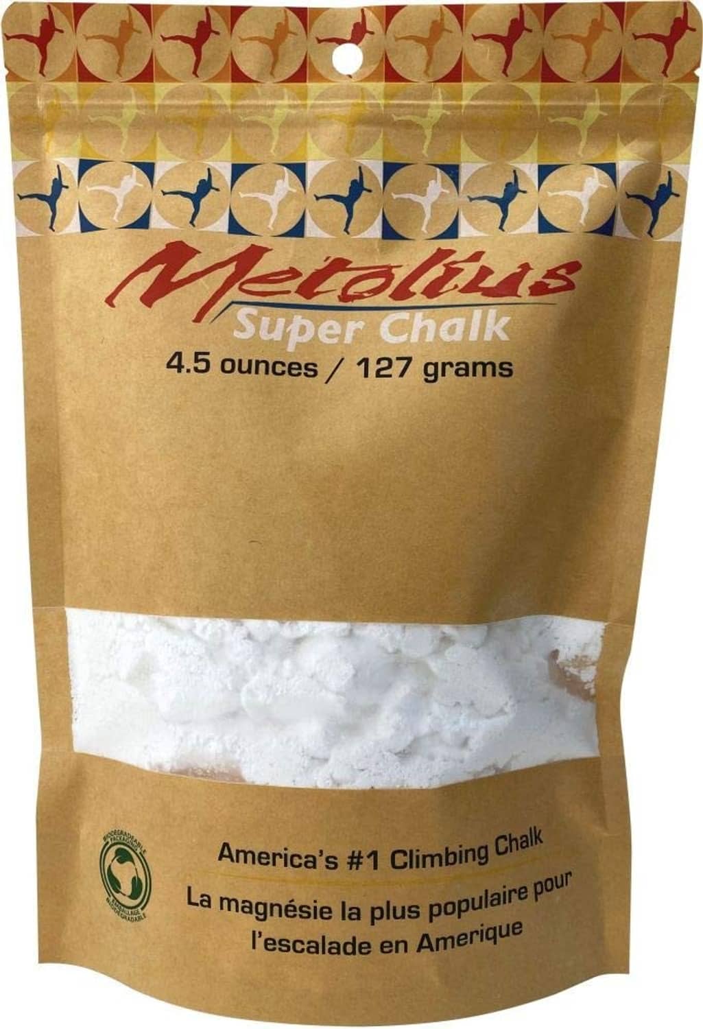 Metolius Super Chalk climbing chalk refill bag, tan paper pouch with white chalk inside
