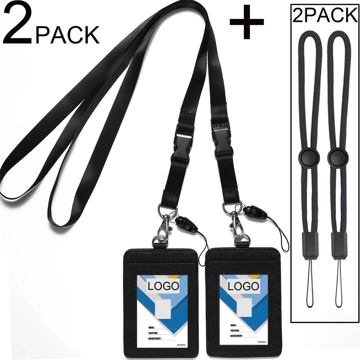 Black 2-pack badge holders with detachable neck lanyards and top swivel clips