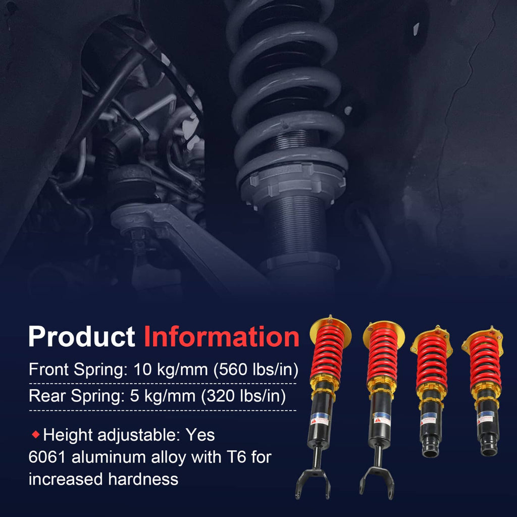 Four coilover struts with red springs and black shock bodies, gold top mounts