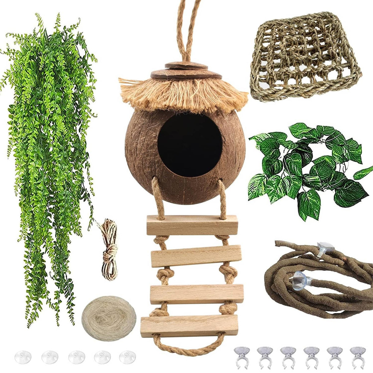 Coconut gecko hide with rope ladder accessory set, round brown hide with hanging ladder