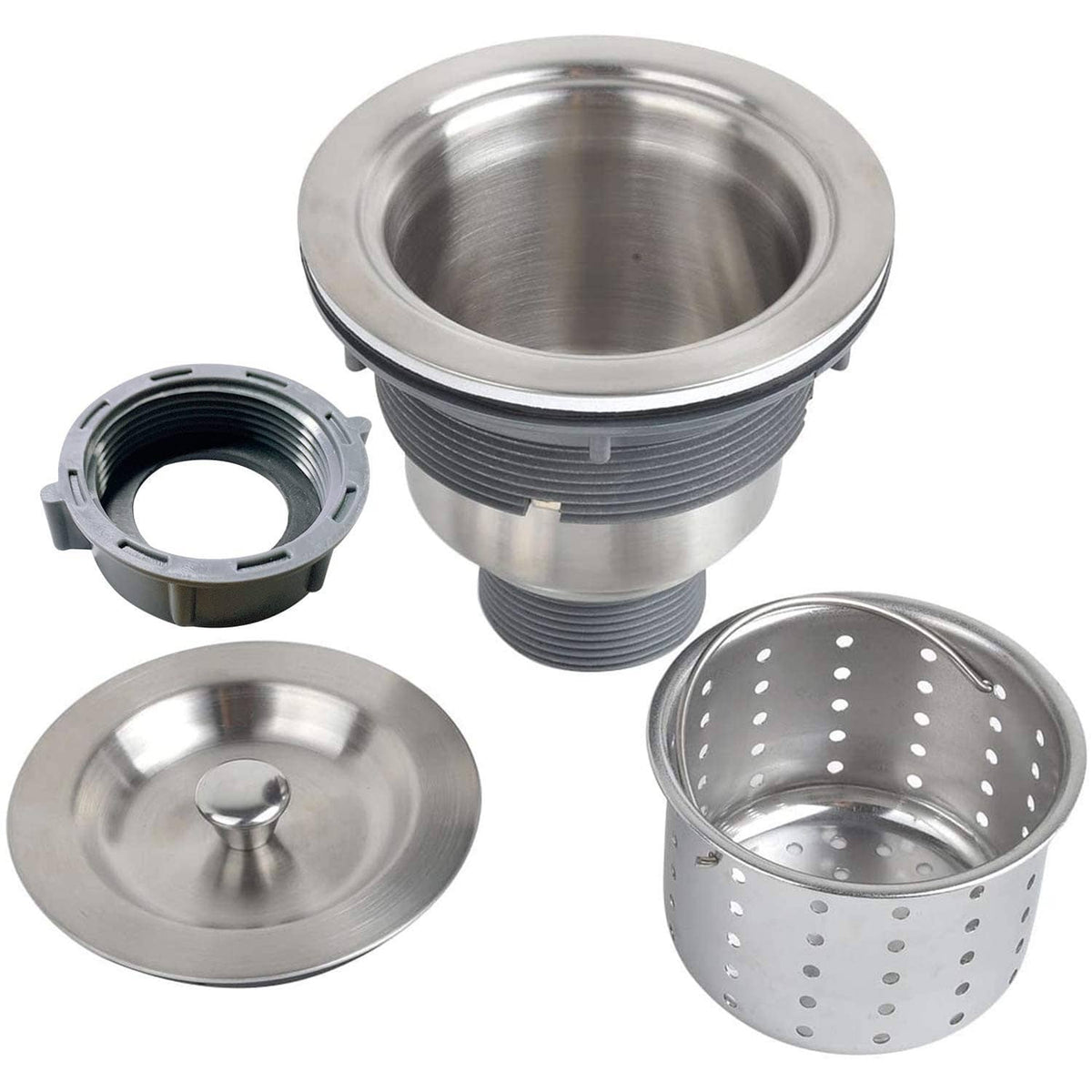 3.5-inch sink drain kit parts: threaded drain body, strainer lid, and basket