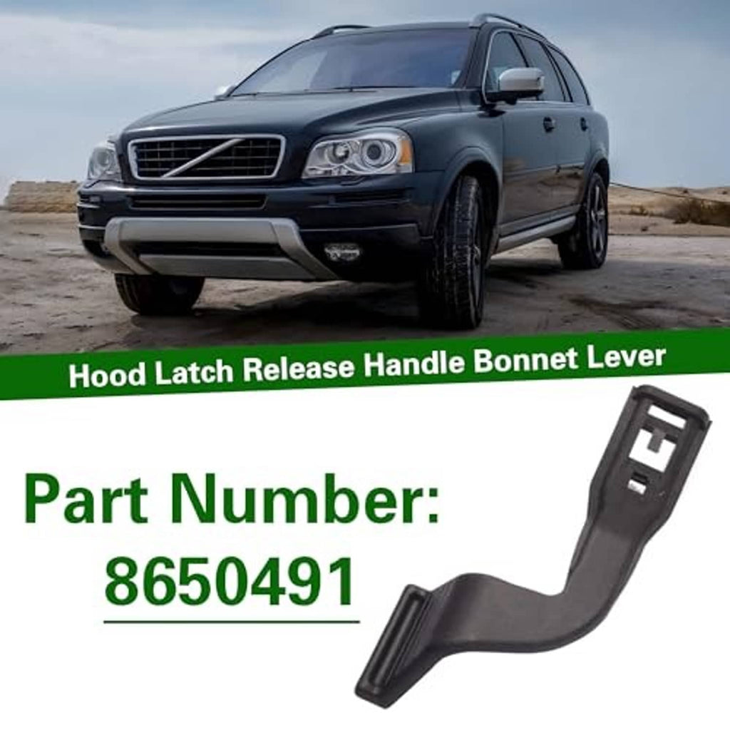Hood latch release handle, black plastic lever with release-icon cutouts.