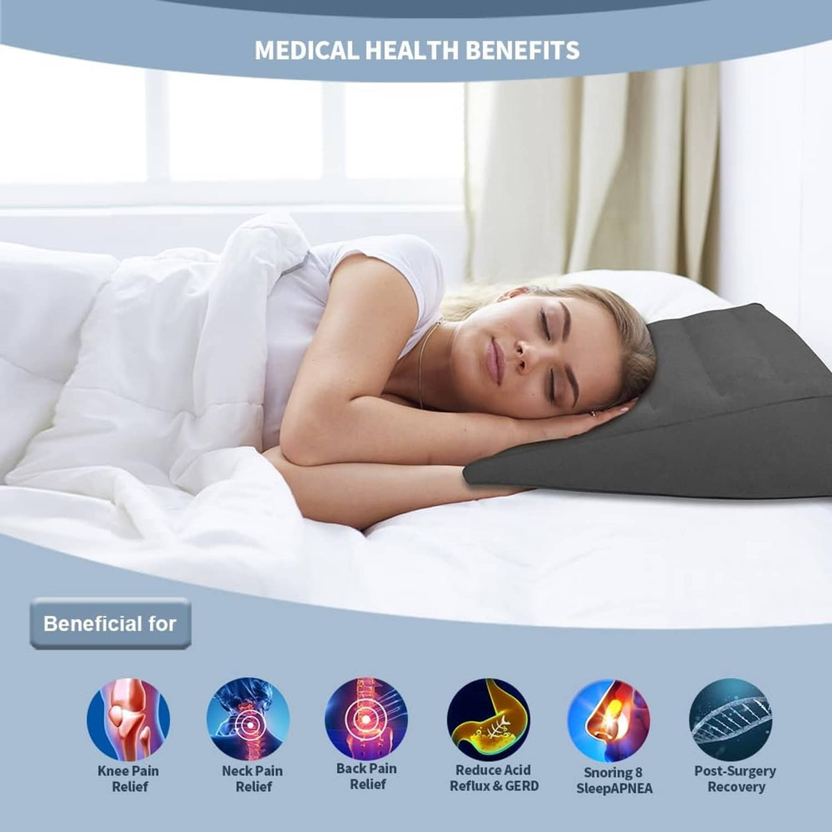 Gray inflatable wedge pillow resting on bed for comfortable sleep and support