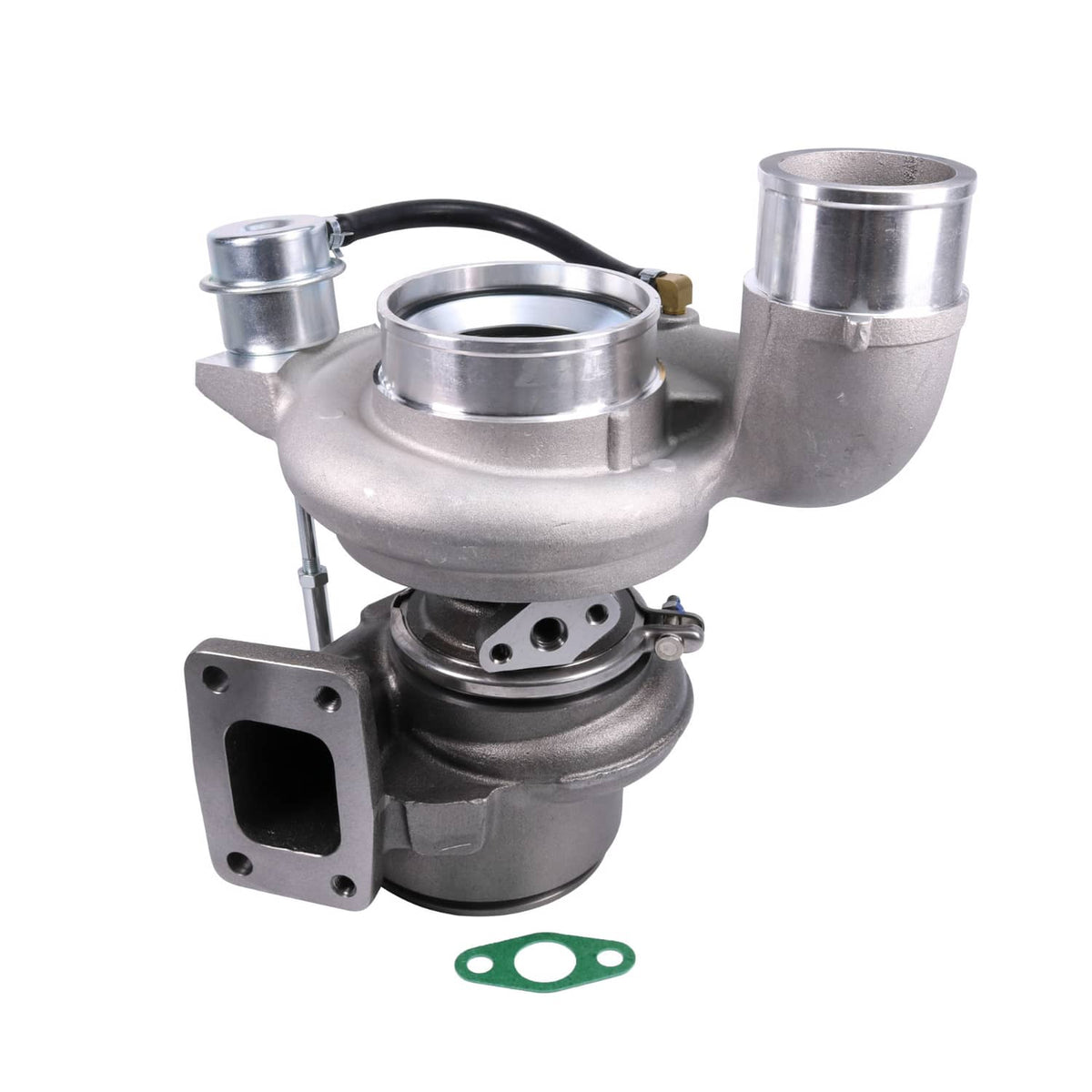 Turbocharger with inlet and exhaust housings, oil line fittings, and mounting gasket