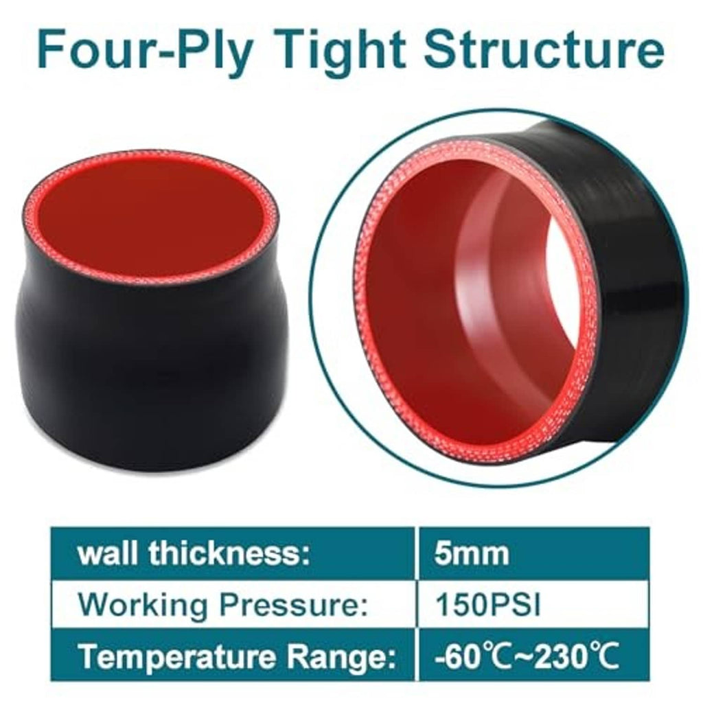 Black four-ply silicone hose coupler with red inner channel, cutaway view