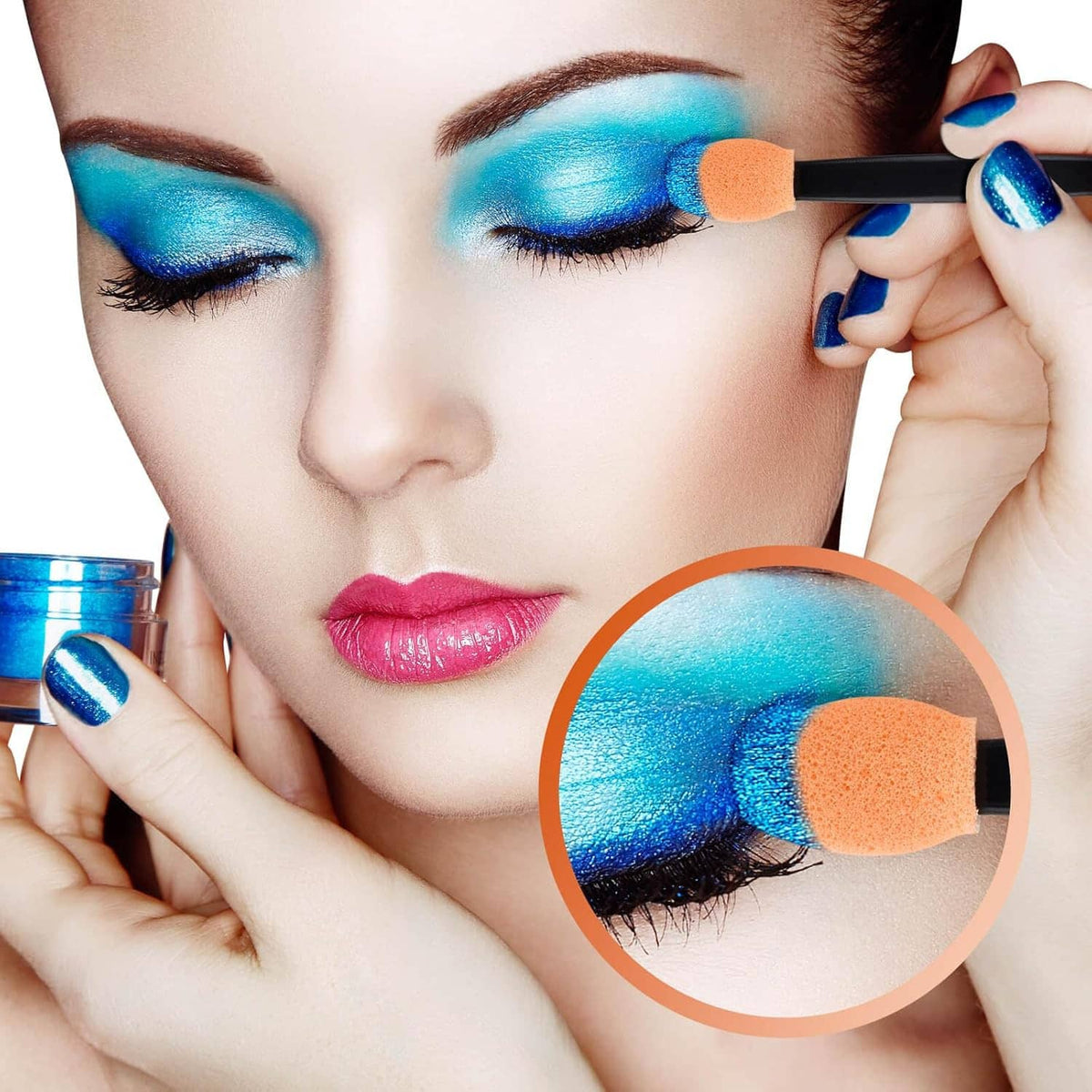 Orange foam eyeshadow applicator on a black handle near the eyelid