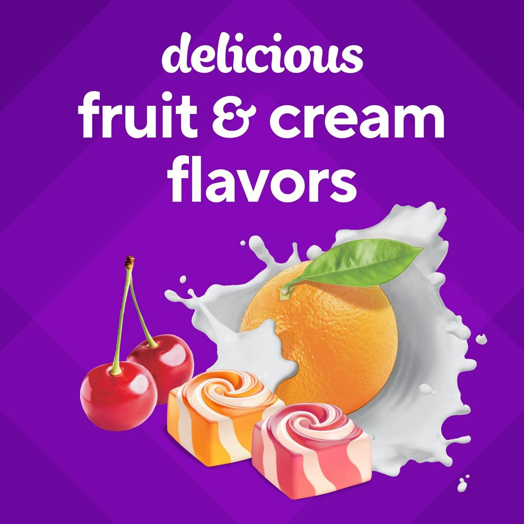 Fruit & cream flavor graphic with cherries, orange slice, and spiral calcium gummies.