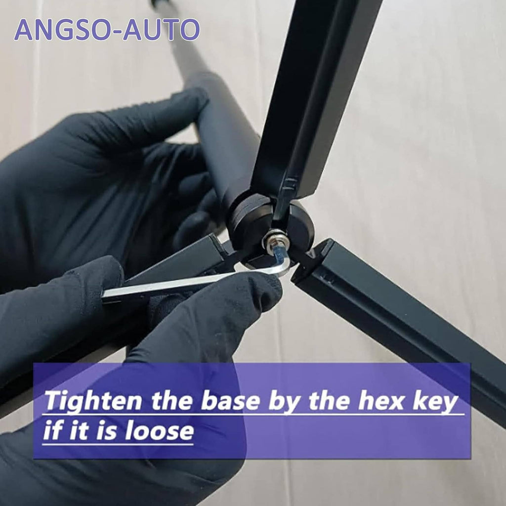 Adjusting knob and base connection of black tripod stand for radar reflector