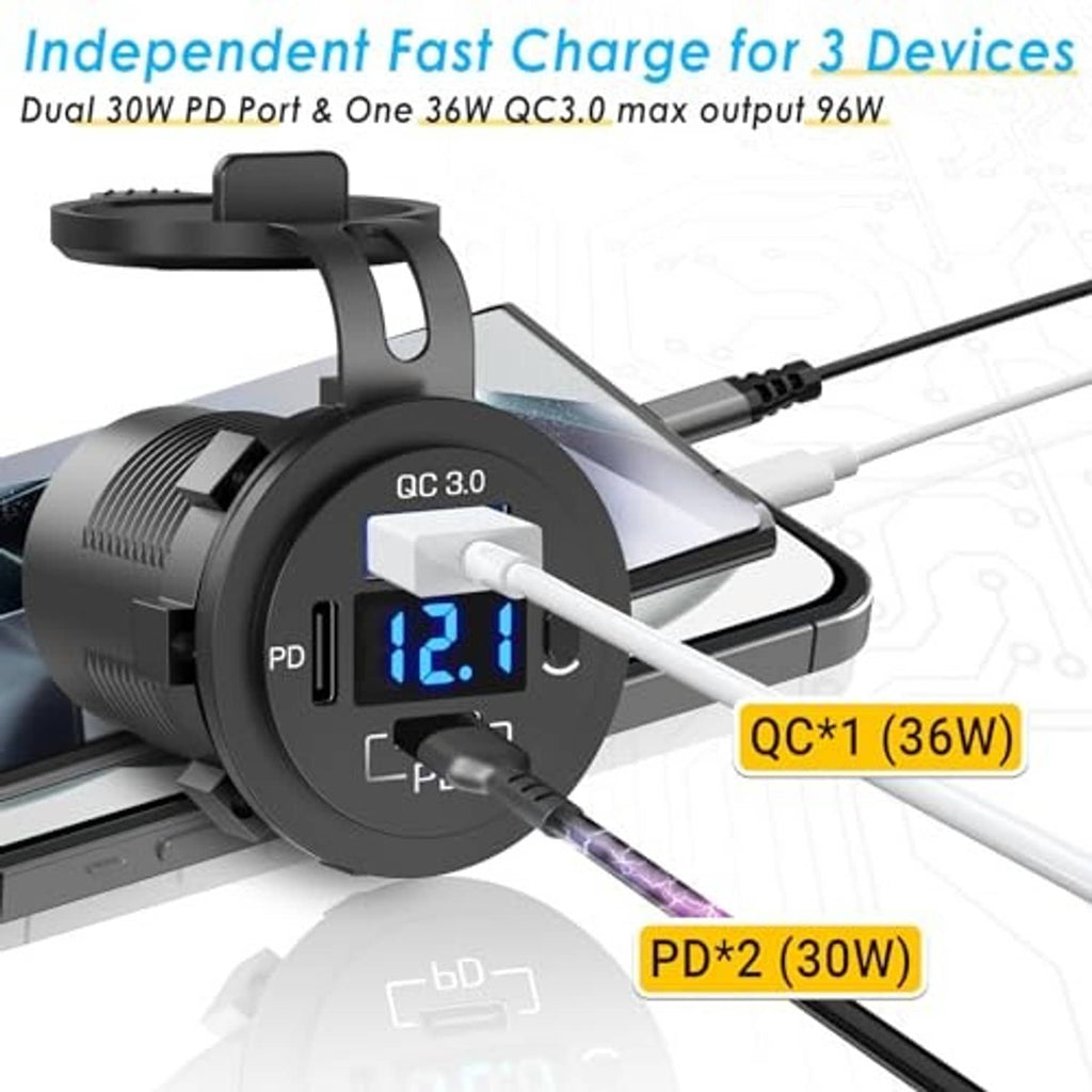 Black car charger outlet with QC 3.0 and PD indicators, two cables plugged in