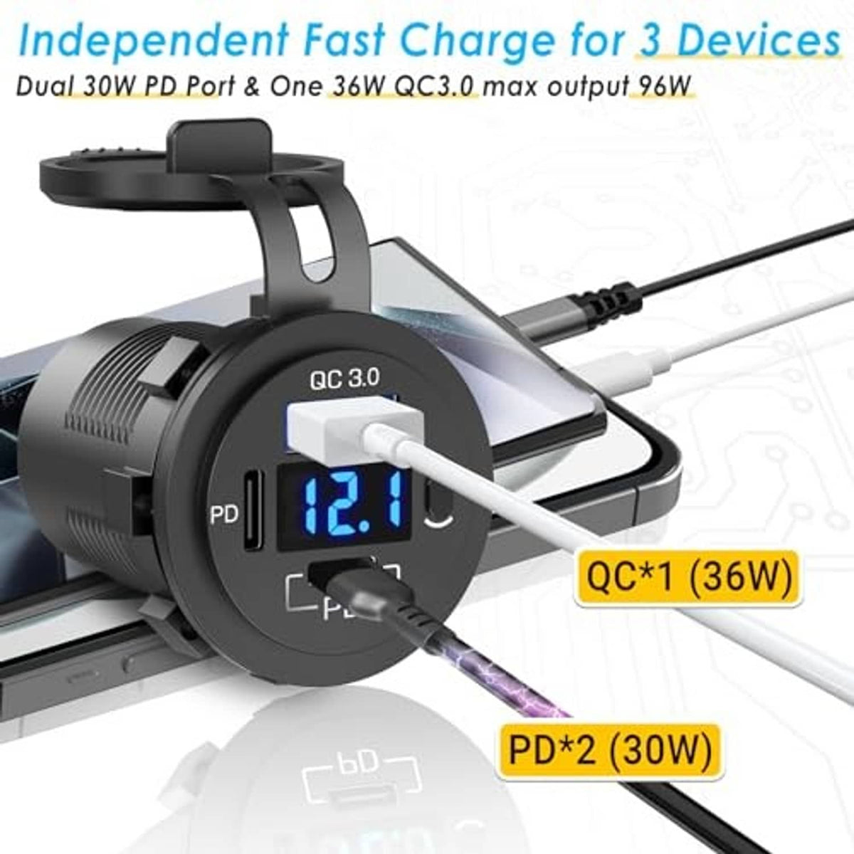 Black car charger outlet with QC 3.0 and PD indicators, two cables plugged in