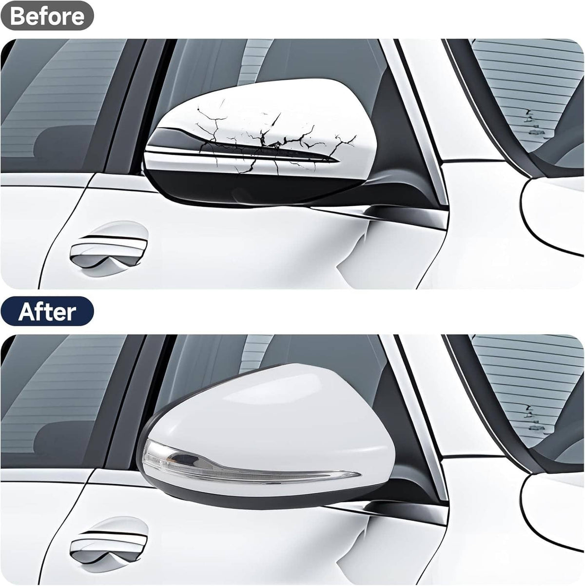 White side mirror with chrome turn-signal strip shown before and after