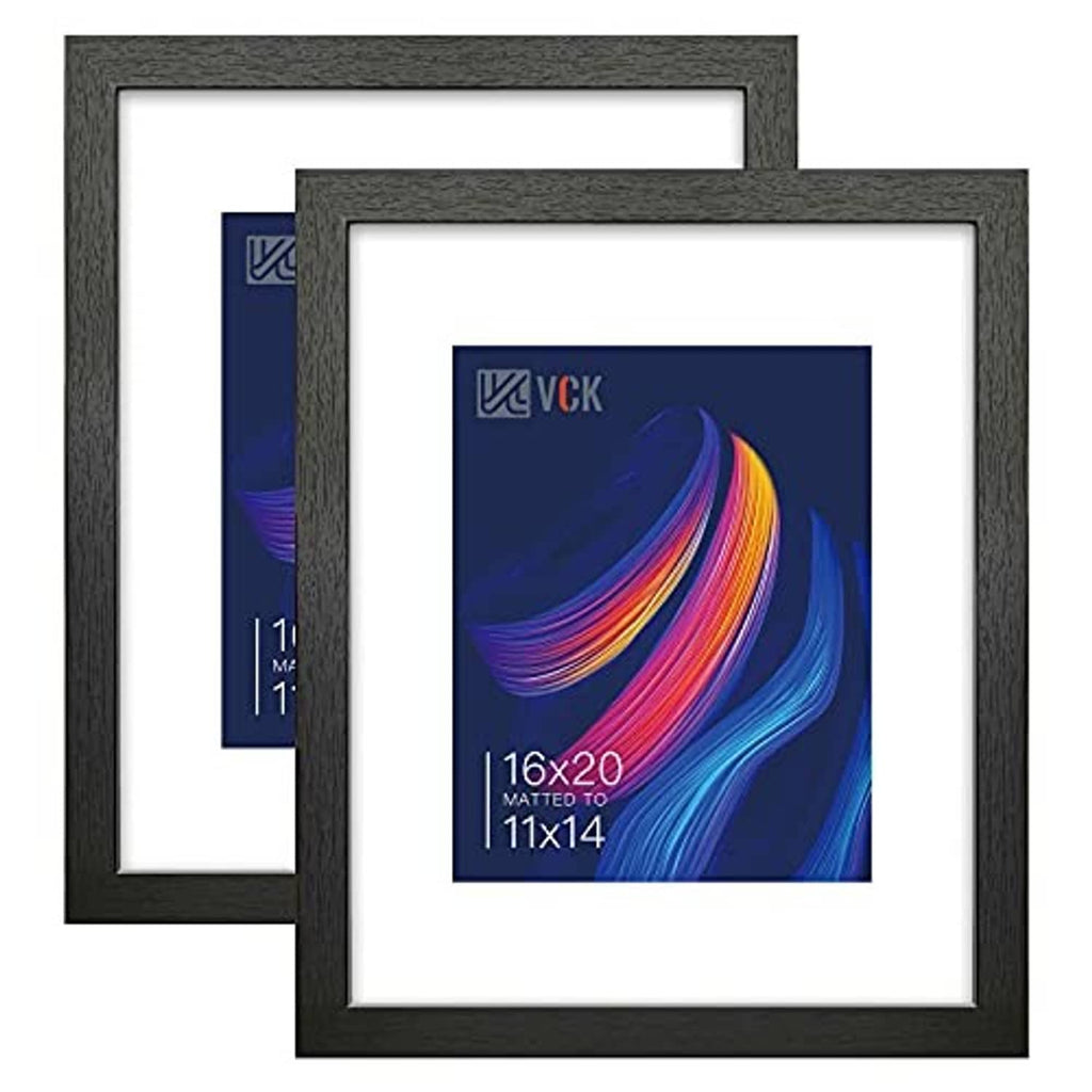 Set of 2 dark gray picture frames with white mats and blue abstract artwork