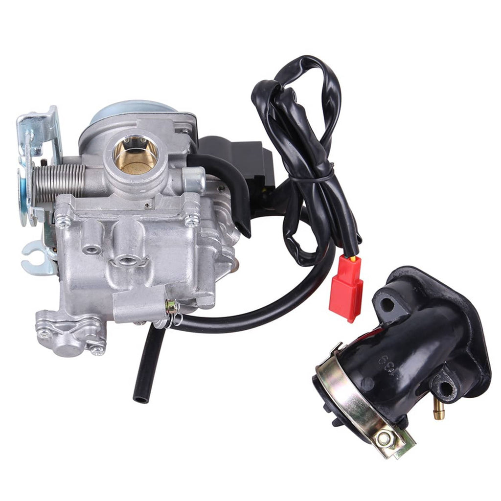 Carburetor with gold inlet fitting, black hoses, and separate black intake component