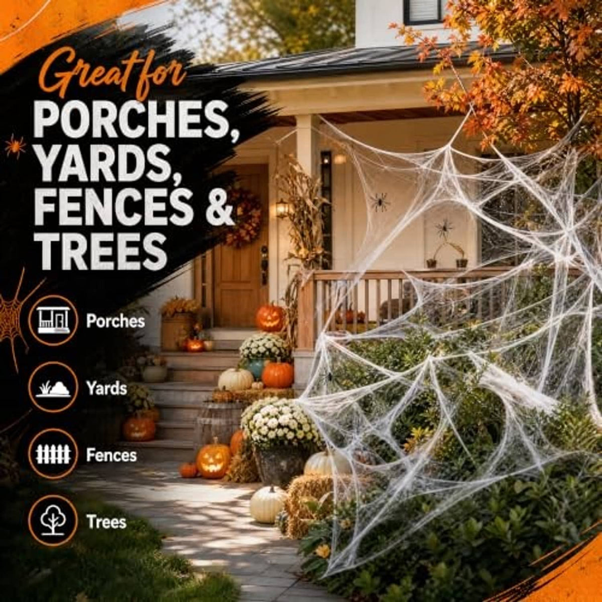 White spider webbing canopy across porch with pumpkins and yard decorations