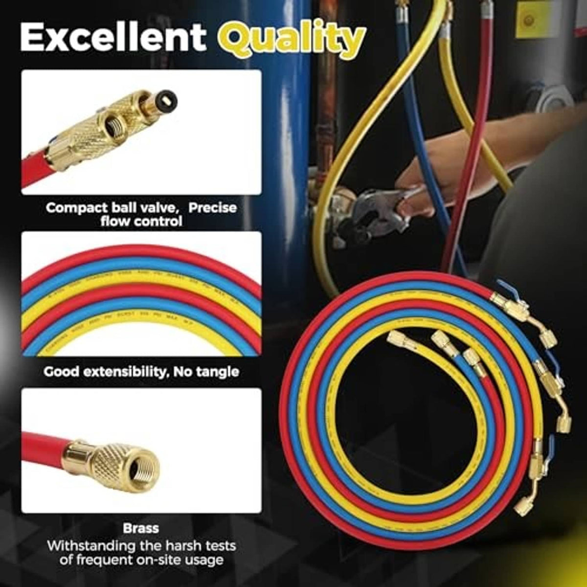 Coiled multi-color HVAC charging hoses with brass ball valve and fittings