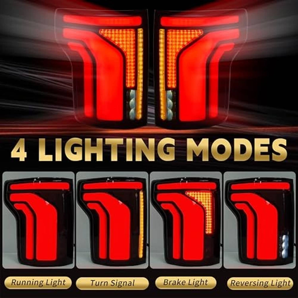 LED tail lights showing multiple light patterns, red glow with amber vertical reflector